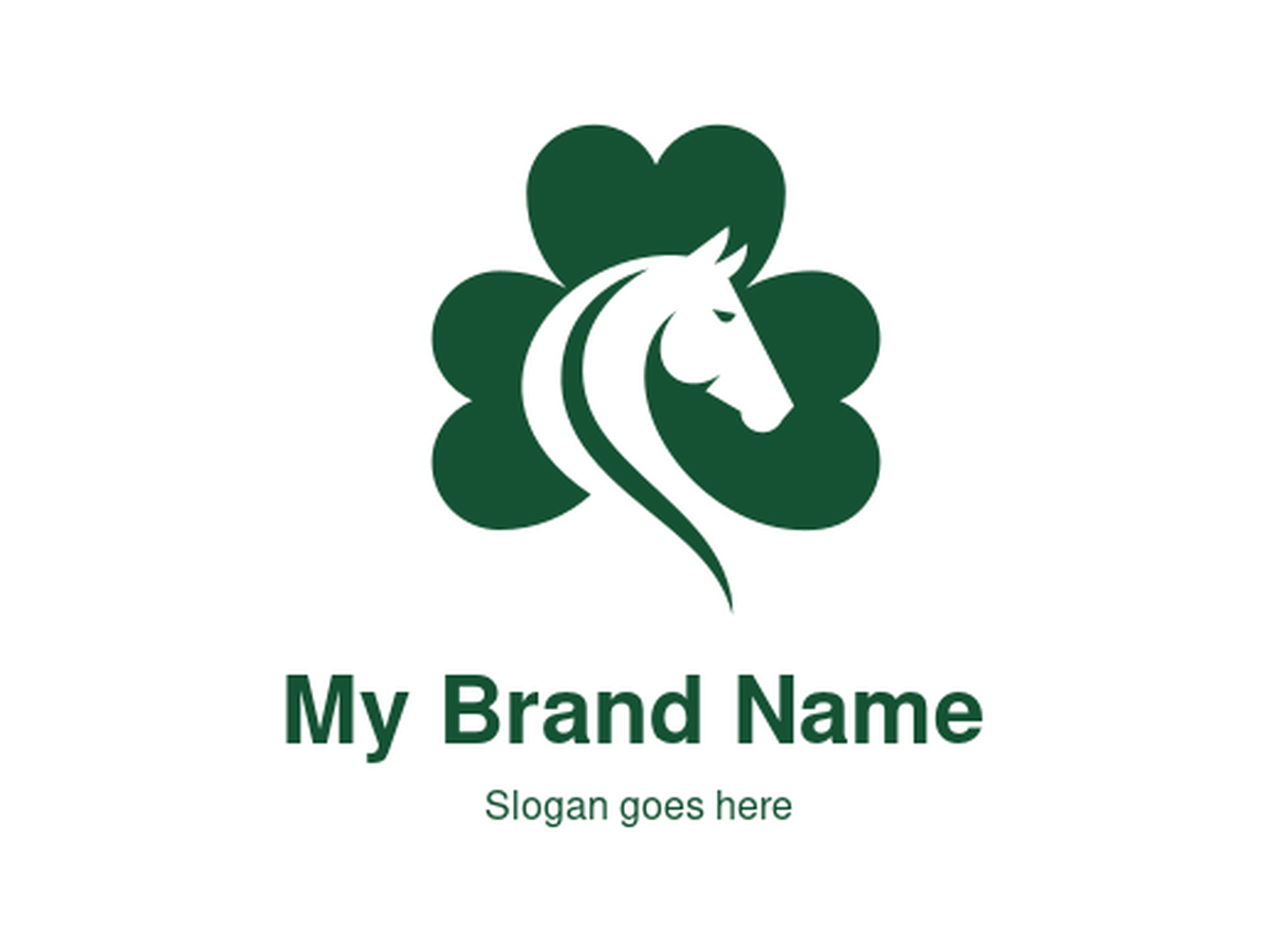 Green Four-Leaf Clover with White Horse Head Logo Design for Lucky Equestrian and Irish Heritage Brands